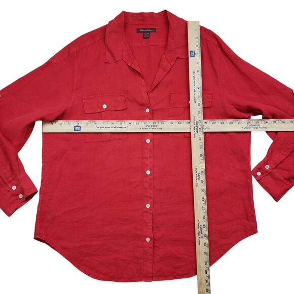 Tommy Bahama Linen Shirt Womens XL Red Long Sleeve Button Up Roll Tab Pcokets - Picture 6 of 13